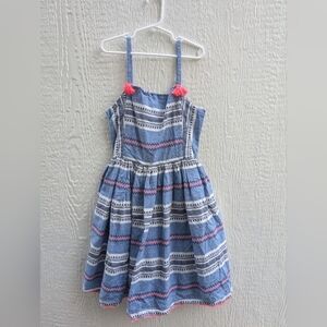 Mini Boden 100% Cotton Blue Striped Sleeveless Sun Dress With Tassels Size 11-12